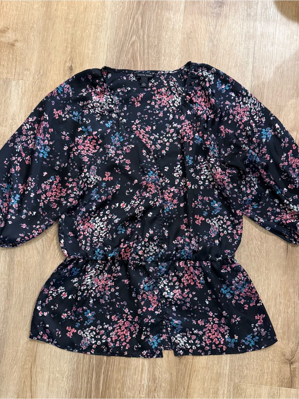 Banana Republic Black Floral Peplum Blouse with Pink & Blue Accents